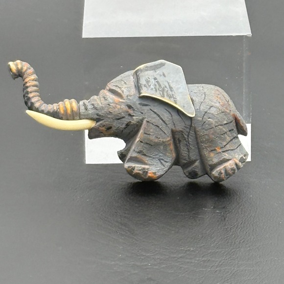 Jewelry - Vintage Hand Carved Wood Elephant Brooch Pin Animal Folk Art Trunk Up Brown